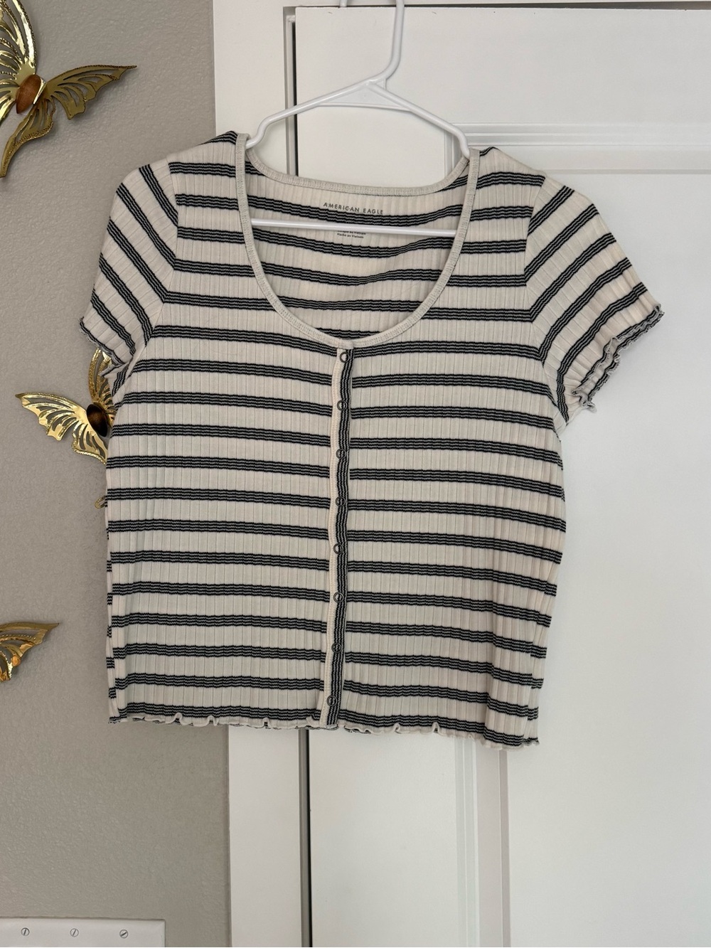 American Eagle Outfitters Cream & Black Striped Ribbed Button-Front Crop Top
